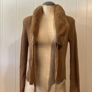 Wild Fable Brown Ribbed Cardigan with Faux Fur Collar